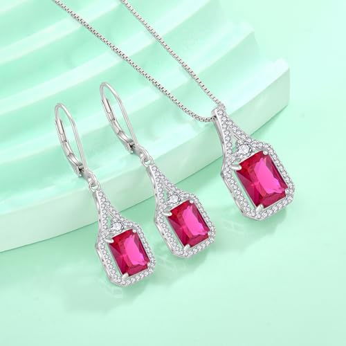 Created Gemstone Necklace 925 Sterling Silver Halo Rectangular Pendant Birthstone Necklaces Jewelry Gifts for Women - color: 07 July - Ruby