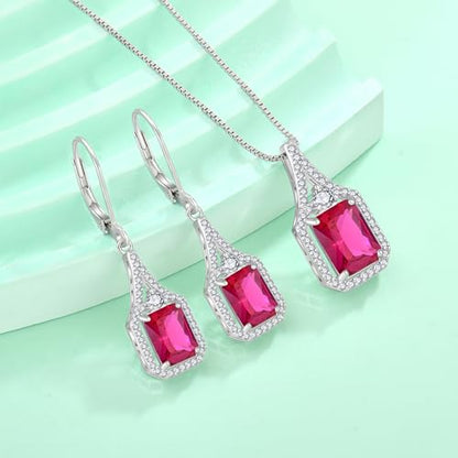Created Gemstone Necklace 925 Sterling Silver Halo Rectangular Pendant Birthstone Necklaces Jewelry Gifts for Women - color: 07 July - Ruby