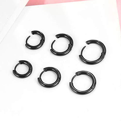 3 Pairs 316L Stainless Steel Small Black Silver Hoop Earrings 8mm 10mm 12mm Hypoallergenic Surgical Earring Cartilage Helix Lobes Hinged Sleeper Ear Jewelry For Men Women - color: black