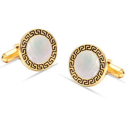 LeCalla 925 Sterling Silver Men's Cufflink | Silver Cufflinks For Men Jewelry | 14K Gold-Plated Cufflinks Business Wedding Shirt Accessories Gift for Son, Father, Husband - style: MOP Greek-Key with Customized Box