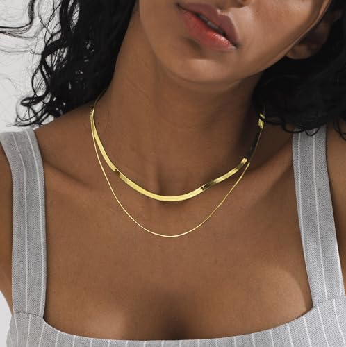 Tewiky Layered Necklaces for Women 14k Gold Plated Chain Necklace Set | Chunky Herringbone/Snake/Rope/Box/Cuban Link Chain for Women, Layering Stack Choker Necklace, Dainty Jewelry Set Non Tarnish - color: Layered Herringbone Gold