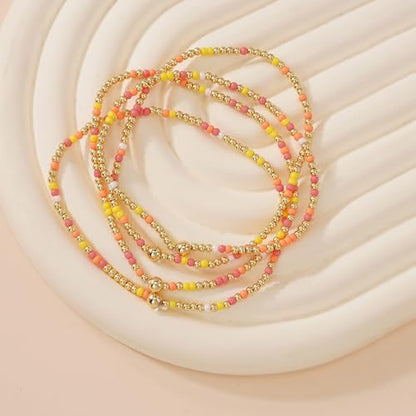 Seed Beaded Stack Bracelets Set for Women,Small Boho 4Pcs Colorful Handmade Dainty Trendy Gold Stretch Accessories Jewelry, Summer Daily Party Friendship Gift - color: Yellow