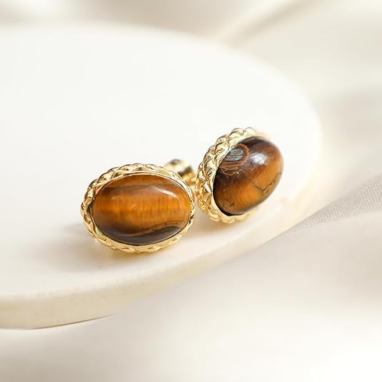 Gempires Bold Oval Gemstone Stud Earrings for Women – Natural Healing Stone Jewelry 14K Gold-Plated Hypoallergenic Tarnish-Resistant – Bold Statement Studs Gift for Her - style: Tiger Eye