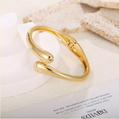 Minimalist Double Teardrop 14K Gold Plated Bangle Bracelets for Women Dainty Delicate Trendy Chunky Thick Hinge Cuff Wrist Bracelet Statement High Polished Fashion Jewelry Birthday Gift Her