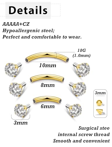 18G Internal Thread Eyebrow Piercing Jewelry Surgical Steel Curved Barbell Tiny Eyebrow Ring Vertical Labret Lip Jewelry Ear Rook Small Belly Button Ring for Women Men 6mm/8mm/10mm - color: 6/8/10mm Gold 18G Internal thread horseshoe ring