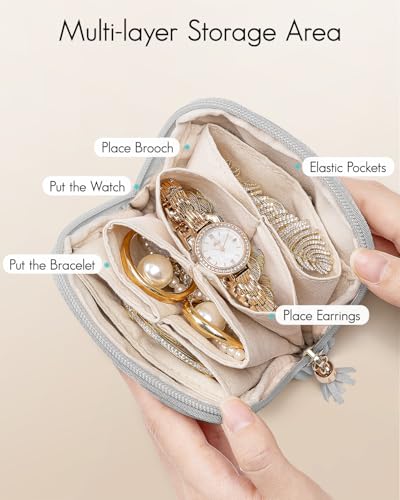 VLANDO Small Travel Jewelry Case,Velvet Pouch Bags with Zipper,Gray | Travel Essentials,PU Leather Organizer with 5 Divided Sections,Carry-On Totes,Gift for Birthday,Bride,Bridesmaid,Women,Girls - color: B.Grey
