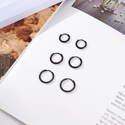 Osayia 316L Surgical Stainless Steel Small Hoop Earrings 8mm 10mm 12mm Hypoallergenic Huggie Thin Hoop Earrings Helix Lobes Hinged Sleeper Earrings Men Women for Cartilage Piercings - color: F: Black (Diameter 8mm/10mm/12mm),3 Pairs