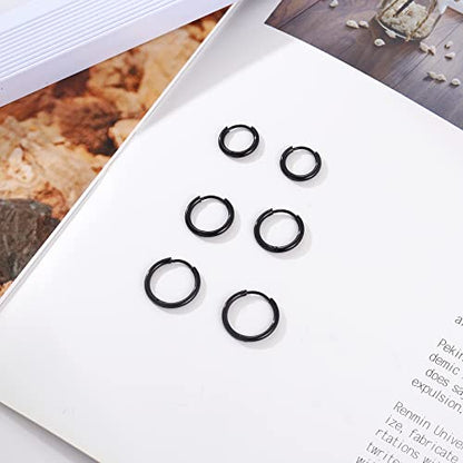 Osayia 316L Surgical Stainless Steel Small Hoop Earrings 8mm 10mm 12mm Hypoallergenic Huggie Thin Hoop Earrings Helix Lobes Hinged Sleeper Earrings Men Women for Cartilage Piercings - color: F: Black (Diameter 8mm/10mm/12mm),3 Pairs