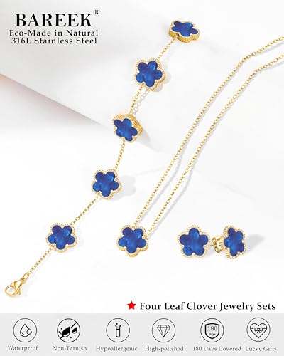 Clover Jewelry Set 3 PC - 18K Gold Plated Stainless Steel Y Necklace Four Leaf Pendant, Clover Link Bracelet Charm, Flower Earrings, Hypoallergenic Non-Tarnish,Simple Luxury Lucky Gifts for Women - color: Blue