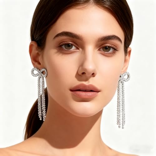 Rhinestone Earrings Dangling for Women Sparkly Silver Dangle Earrings Girls Long Chandelier Earrings Tassel Lightweight Ear Studs Cubic Zirconia (KE001S-W) - color: Bow 516286S Silver Clear