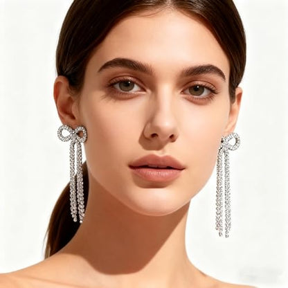 Rhinestone Earrings Dangling for Women Sparkly Silver Dangle Earrings Girls Long Chandelier Earrings Tassel Lightweight Ear Studs Cubic Zirconia (KE001S-W) - color: Bow 516286S Silver Clear