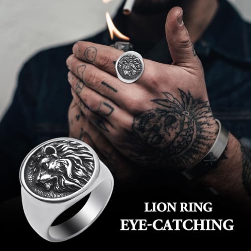 Mens Signet Ring Stainless Steel Lion Eagle Head Statement Rings Jewelry for Men Size 8/9/10/11/12/13 - style: Lion
