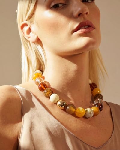 Chunky Beaded Choker Necklace for Women Boho Statement Necklace with Large Pearl Blue Brown Tone Resin Beads Summer Beach Jewelry Gifts - color: Brown