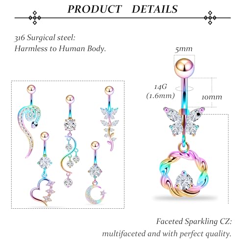 Vsnnsns 14G Dangle Belly Button Ring Piercing Jewelry 316L Stainless Surgical Steel Snake Heart Butterfly Flower Diamond CZ Navel Rings Dangling Belly Button Ring Piercing Jewelry for Women 14 Gauge - color: Rainbow Tone