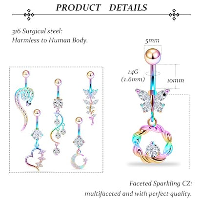 Vsnnsns 14G Dangle Belly Button Ring Piercing Jewelry 316L Stainless Surgical Steel Snake Heart Butterfly Flower Diamond CZ Navel Rings Dangling Belly Button Ring Piercing Jewelry for Women 14 Gauge - color: Rainbow Tone