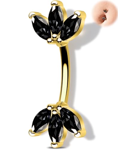 Melighting 14G Gold Lotus Belly Button Ring, Double CZ Navel Ring 316L Surgical Stainless Steel Marquise 5A CZ Steel Belly Bar 8 mm/10 mm - color: Gold Black, size: 14g10mm