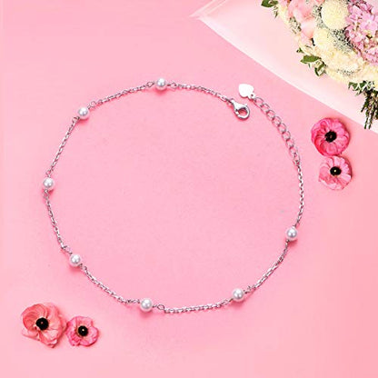Anklet for Women 925 Sterling Silver Foot Adjustable Ankle Bracelet Jewelry - style: Pearl