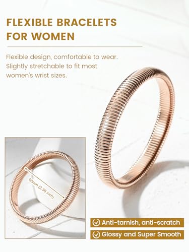 KeyStyle Bangle Bracelets For Women, Stainless Steel Stretch Bracelet Wide | 14K Gold/Rose Gold/Black/Silver Plated Flexible Wide Twisted Link Chain Wristband Jewelry, 10Mm, 16Mm, 20Mm - color: 10mm - Rose Gold