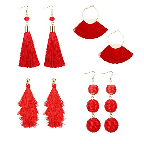 4Pairs Tassel Earrings For Women Fan Shape Tassel Earrings Long Thread Tassel Earrings Bohemian Fringe Drop Handmade Earrings - style: 4 Red