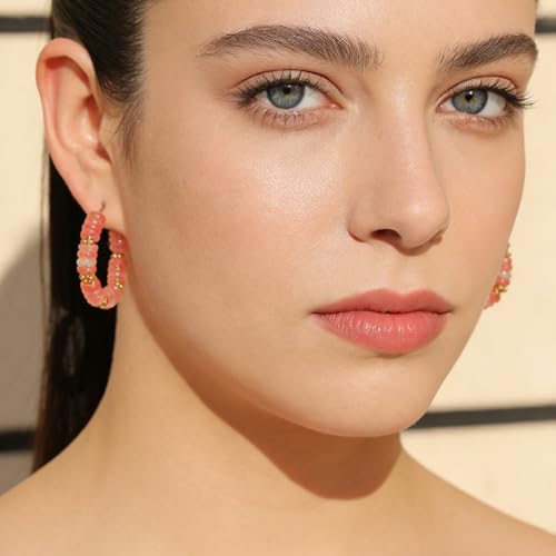 Wellike Beaded Hoop Earrings for Women Natural Stone Pink Gold Huggie Earrings Hypoallergenic Dainty Waterproof Trendy Jewelry - color: Rose Pink, size: 35mm
