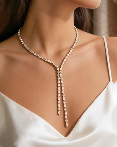 STONEFANS Long Tennis Necklaces for Women - Dainty Silver Lariat Necklace Rhinestone Y Shaped Drop Necklace Cute Choker Necklaces for Women Trendy Silver Prom Jewelry Gifts - color: Gold-Oval Y