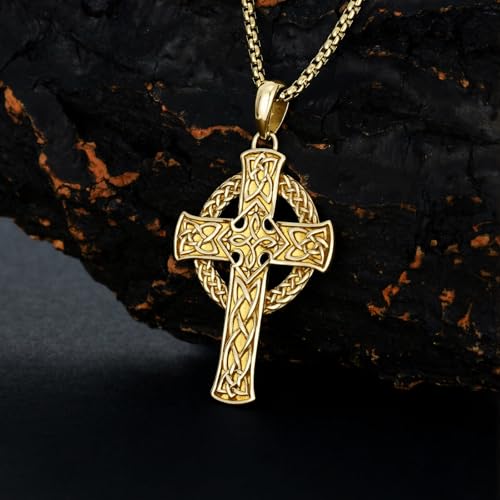 Celtic Cross Necklace For Men ，18K Gold Plated Celtic Cross Celtic Amulet Necklace Protection Jewelry Religious Gifts with 2.5mm 22"+2" Adjustable Rolo Chain - style: style4