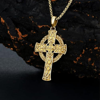 Celtic Cross Necklace For Men ，18K Gold Plated Celtic Cross Celtic Amulet Necklace Protection Jewelry Religious Gifts with 2.5mm 22"+2" Adjustable Rolo Chain - style: style4