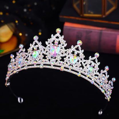 Crystal Crown and Tiara Jewelry Set for Women Bride with Necklace Earrings | Metal Rhinestone Royal Queen Princess Jewelry Set Wedding Quinceanera Pageant Prom Birthday Halloween Party Costume Gift - color: Silver ab