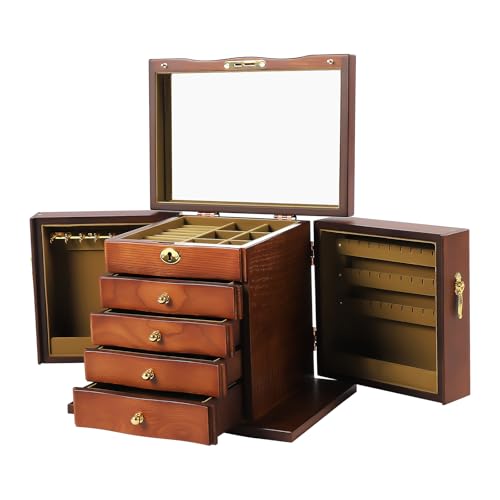 Jewelry Box with Lock and Mirror, 5-Layer Rustic Wooden Jewelry Boxes & Organizers,Large Jewelry Storage Holder for Rings Earrings Necklaces Bracelets Christmas New Year Gift - color: Brown B, size: 5-Layer