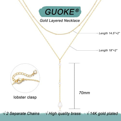 Gold Necklace Stack, Layered Gold Necklaces for Women Jewelry Set | 14K Gold Plated, Separate Chains, Pendant, Dainty, Non Tarnish, Delicate, Chain, Multi, Gift - color: 2 Layer-Pearl Lariat Gold