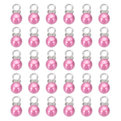 MECCANIXITY 100Pcs Imitation Pearl Pendant 10mm Faux Pearl Beads with Rhinestone for Dangle Jewelry Making Earrings Necklace Bracelets Crafts, Bright Pink - color: Bright Pink