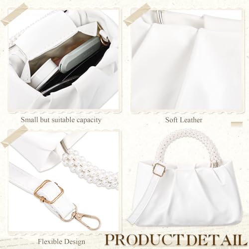 Liliaafar 4 Pcs Evening Clutch Purse with Pearl Jewelry Sets,Clutch Bag Pearl Earrings Necklace Bracelet for Wedding Party - color: White, style: Leather Ruched