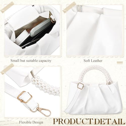 Liliaafar 4 Pcs Evening Clutch Purse with Pearl Jewelry Sets,Clutch Bag Pearl Earrings Necklace Bracelet for Wedding Party - color: White, style: Leather Ruched