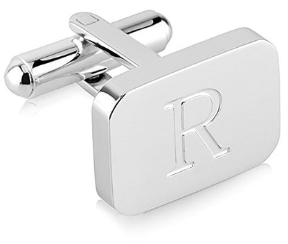 18K White-Gold Plated Initial Engraved Stainless Steel Men’s Cufflinks With Gift Box -Personalized Alphabet Letter’s A-Z By Lux & Pair - style: R- White Gold