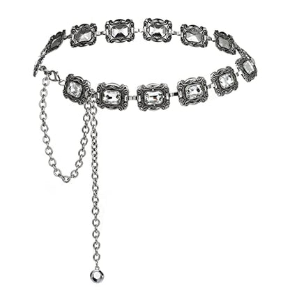 ILuvatar Green Glass Diamond Chain Belt - Metal Women's Western Style Dress Belt - color: Silver-70