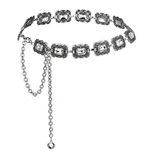 ILuvatar Green Glass Diamond Chain Belt - Metal Women's Western Style Dress Belt - color: Silver-70