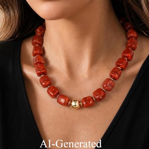 Ritach Chunky Beaded Necklaces for Women - Colorful Large Square Acrylic Beaded Necklace Boho Chunky Necklace Adjustable Statement Choker Necklace for Women Waterproof Summer Beach Jewelry Gifts - color: Red