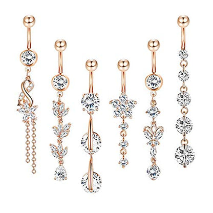 3-6PCS 14G 316L Stainless Steel Belly Button Rings for Women Navel Rings Barbell Dangle Flower CZ Body Piercing - color: E: 6 Pcs Rose-tone