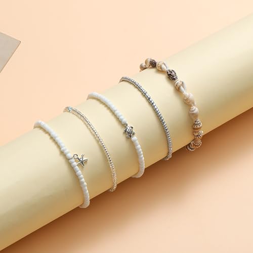Shell Ankle Bracelet For Women Boho Beaded Seashell Starfish Conch Pearl Sea Turtle Puka Layered Gold Anklet Set Hawaiian Summer Beach Handmade Foot Jewelry Gift Set Adjustable - style: conch