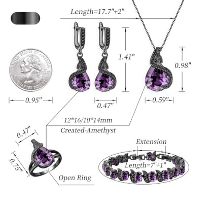 Jewelry Set for Women Teardrop Earrings Necklace Ring Bracelet Set Party Wedding Jewelry Gift for Mother Wife Friend - color: Black Gun-Purple