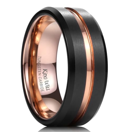 King Will Tungsten Carbide Wedding Band for Men Women-6/8/10mm Width Multicolor Available with Grooved Center Wedding Ring Suitable for Work, Gym Comfort Fit Size 4-16 - color: Rose Gold and Black-8mm