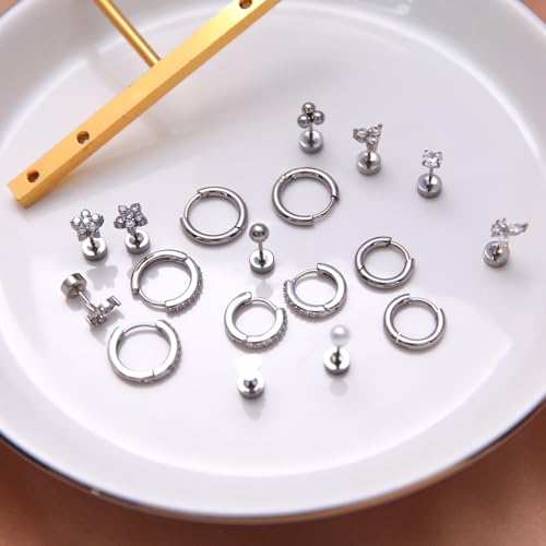 Stainless Steel Stud Earrings Set for Women Hypoallergenic Flat Back Cartilage Earrings Screw Back Huggie Hoop Earrings Multiple Piercing Cubic Zirconia Helix Tragus Jewelry - color: Set-B-Silver