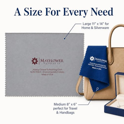 Mayflower Premium Jewelry Polishing Cloth Set of Two. Made in USA. Non Toxic Cleaning Formula -100% Ultra-Soft Cotton. Shines Silver, Gold, Platinum, Diamond Rings, Jewelry, Watches, Coins & Heirlooms - color: Grey and Blue