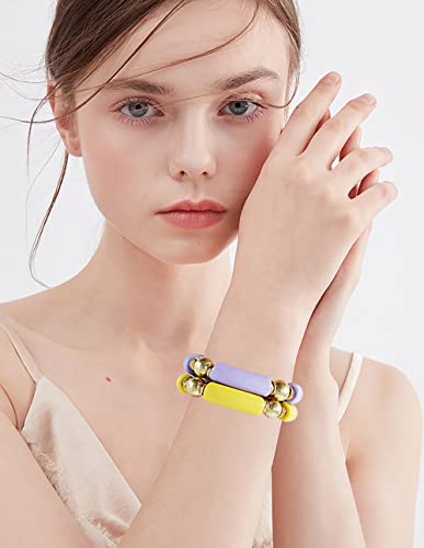 LALAPPLE Gold Plated Beaded Acrylic Bamboo Tube Bangle Bracelets for Women, Colorful Chunky Curved Tube With Gold Plated Pieces Beads Stretch Bracelet Friendship Summer Beach Jewelry - color: V-Yellow&Light purple 2pcs