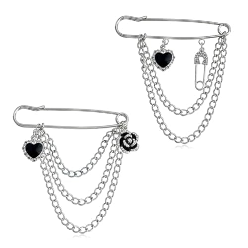 2 Pcs Chain Tassel Brooch Pins Set for Women Rhinestone Heart Flower Star Long Chain Bling Crystal Pearl Sweater Shawl Clips Punk Collar Chain Brooch Costume Jewelry - style: Style D
