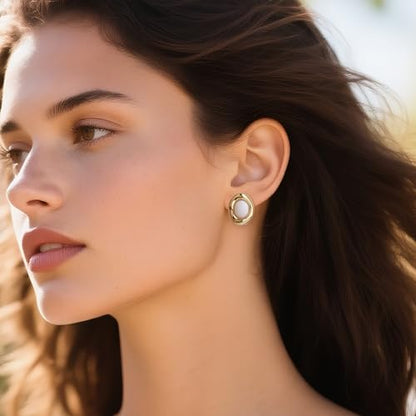 Jean Beau Chunky Gold Stone Stud Earrings for Women, Trendy Natural Gemstone Hypoallergenic Earing Valentine Jewelry Gift - color: White