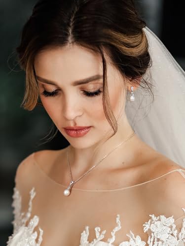 SWEETV Pearl Wedding Jewelry Set For Brides, Cubic Zirconia Wedding Necklace and Earrings Set, Elegant Bridal Jewelry Set for Women Bridesmaids Prom