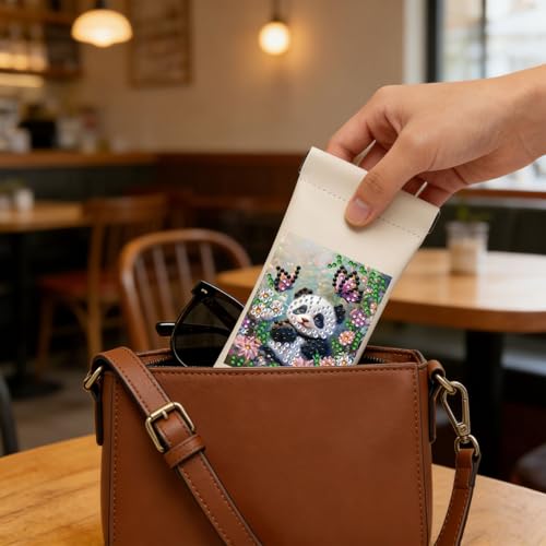 Diamond Art Painting Eye Glass Bag PU Sunglasses Glasses Storage Bag Built-in Glasses Cloth Press Automatic Closure - color: Panda