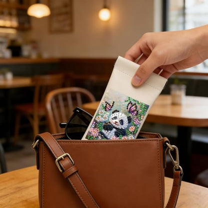 Diamond Art Painting Eye Glass Bag PU Sunglasses Glasses Storage Bag Built-in Glasses Cloth Press Automatic Closure - color: Panda