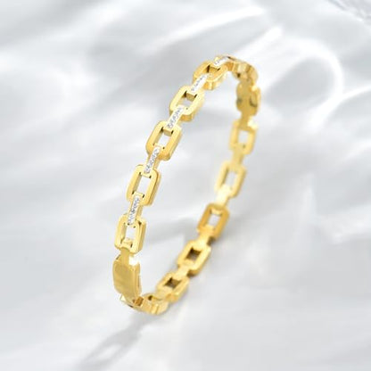 Gold Bangle for Women 18K Gold Plated Bamboo Heart Star Labyrinth Bangle Bracelets Dainty Stainless Steel Jewelry Gifts - color: Hollow Out CZ Bangle-Gold